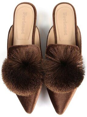 🆕 Women's Brown Velvet Faux Fur Pom Pom Mules Pointed Toe Comfort Slip On Shoes